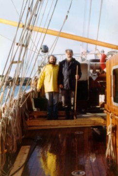 Ray with Mick Geoghegan on board the Asgard II in 1979